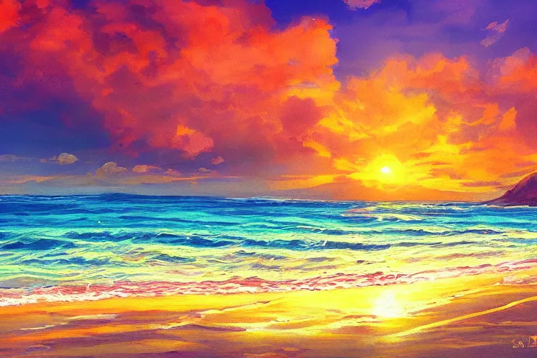 Prompt: concept art, painting of costa rica beach, digital anime art, sunset,