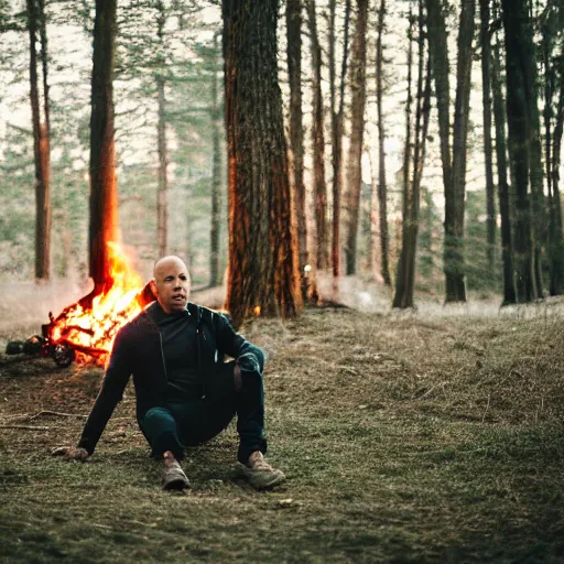 Image similar to vin diesel sitting near a bonfire at night in the woods, canon eos r 3, f / 1. 4, iso 2 0 0, 1 / 1 6 0 s, 8 k, raw, unedited, symmetrical balance, in - frame