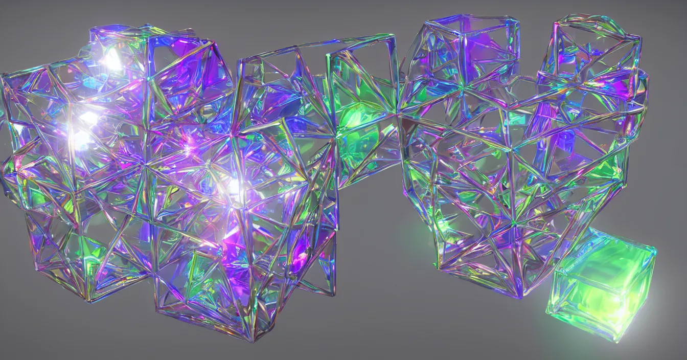 Prompt: Portrait of glass tesseract, composed of colofrul mechanical elements, difraction from back light, holographic colors, volumetry scattering into space, rendered in Unreal Engine