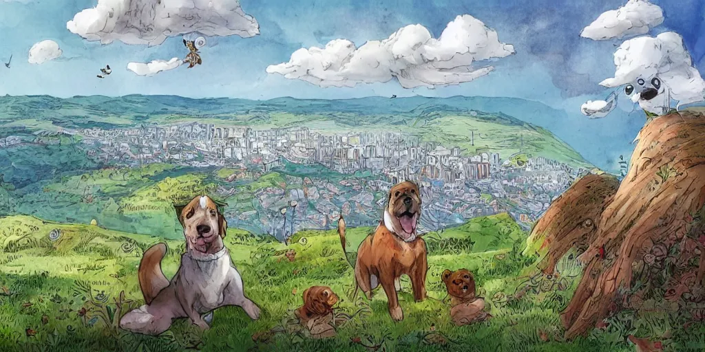 Image similar to breathtaking detailed childrens book illustration of a dog on the top of a hill, with a beutiful view of a tiny city below the hill, in the style of quentin blake 8 k