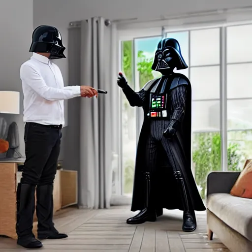 Image similar to Darth Vader buying a house, photo realistic, award-winning, highly-detailed