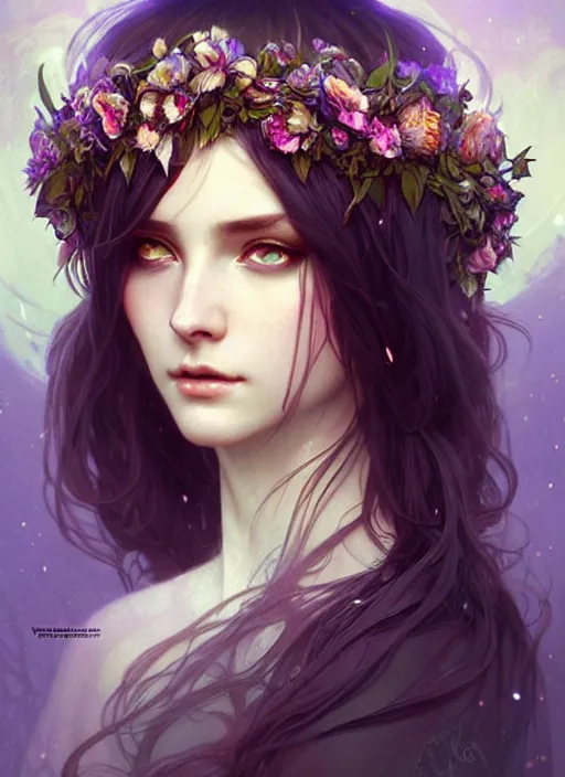 Image similar to a beautiful cinematic female druid goddess, flower Crown, galatic shamen with Quantum energy fantasy, fantasy magic, undercut hairstyle, dark light night, intricate, elegant, sharp focus, illustration, highly detailed, digital painting, concept art, matte, art by WLOP and Artgerm and Greg Rutkowski and Alphonse Mucha, masterpiece