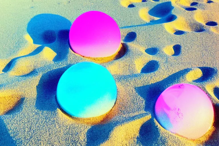 Image similar to a vintage family holiday photo of an empty beach from an alien dreamstate world with pastel pink iridescent!! sand, reflective metallic water and sunbathing equipment at dusk. refraction, volumetric, light.