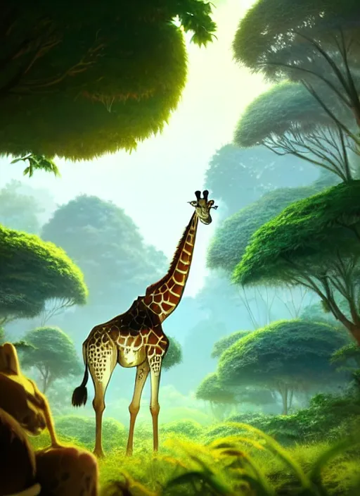 Image similar to a wholesome animation key shot of a giraffe, jungle in the background, studio ghibli, pixar and disney animation, sharp, rendered in unreal engine 5, anime key art by greg rutkowski, bloom, dramatic lighting