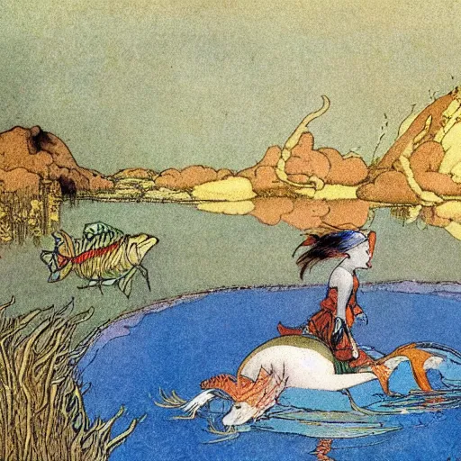 Prompt: an extremely colorful depiction of a merhorse in a lake, rearing up, from a book of fairy tales illustrated by edmund dulac