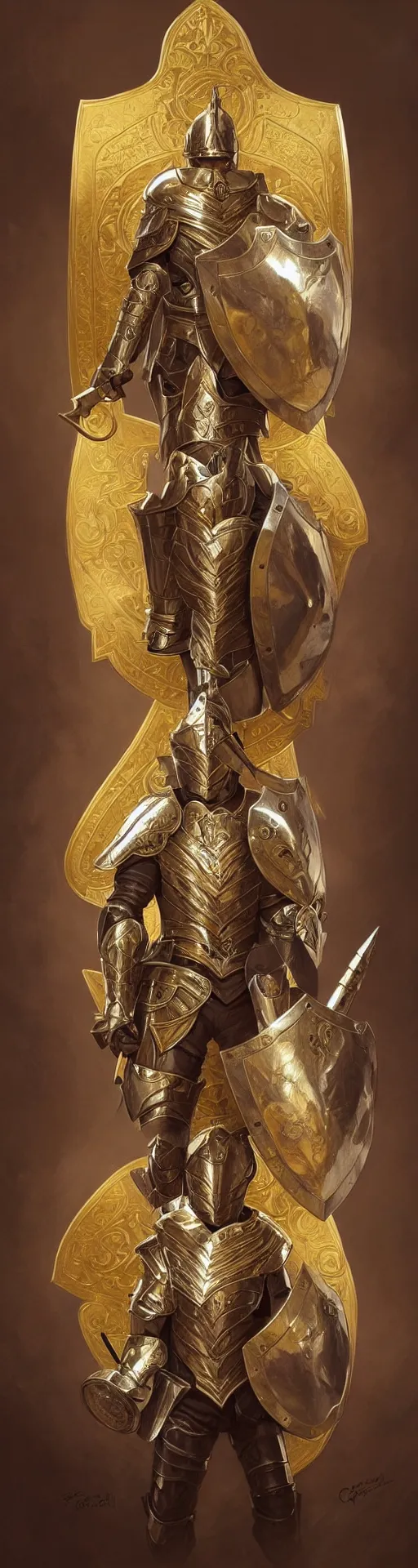 Image similar to Portrait of Pedro Perestrello as a paladin wearing gold full plate armor and wielding a shield, fantasy, intricate, elegant, highly detailed, digital painting, artstation, concept art, matte, sharp focus, illustration, art by Artgerm and Greg Rutkowski and Alphonse Mucha