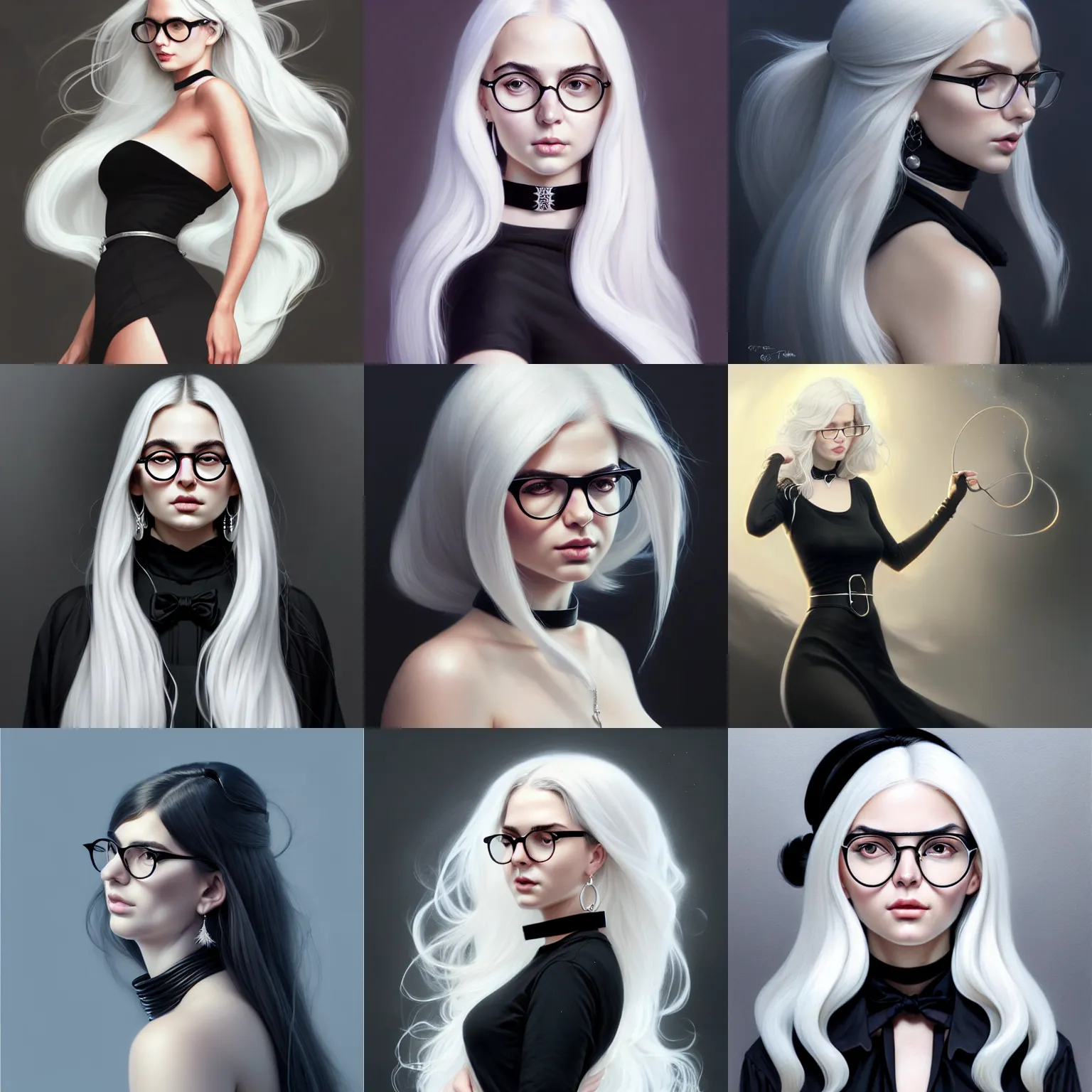 Prompt: beautiful thick female, long white hair, round black glasses, emily ratkowski face, black dress with belt around waist, elegant, perfect face, silver earrings, black choker, highly detailed, digital painting, art by artgerm, greg rutkowski, guweiz, tom bagshaw, ilya kuvshinov, octane render