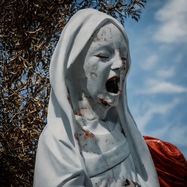 Prompt: closeup of crying white mother mary statue, pictured slightly from below, clear sky with blue clouds in background, covered in blood, vintage polaroid