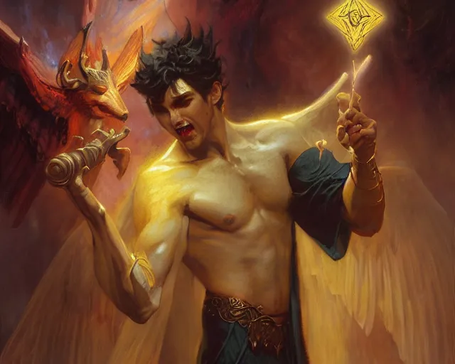 Image similar to attractive demonic male deity, casting magic, summoning handsome lucifer morning star. highly detailed painting by gaston bussiere, craig mullins, j. c. leyendecker 8 k