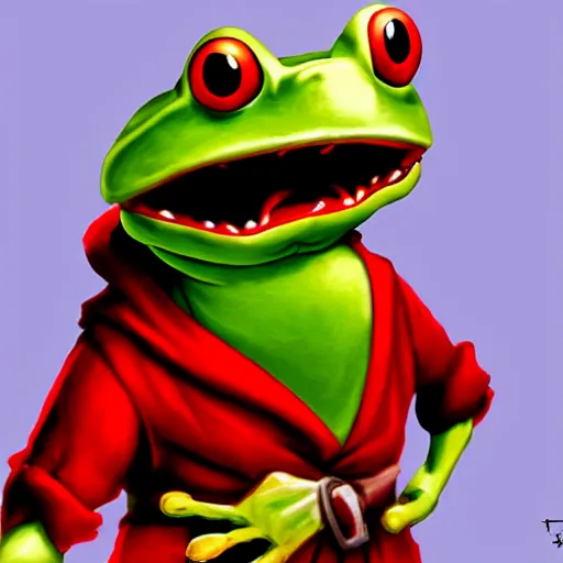 Image similar to character concep art of a humanoid frog butcher with a red coat as an enemy in spyro the dragon video game concept art, playstation 1 era, activision blizzard, 4 k resolution concept art