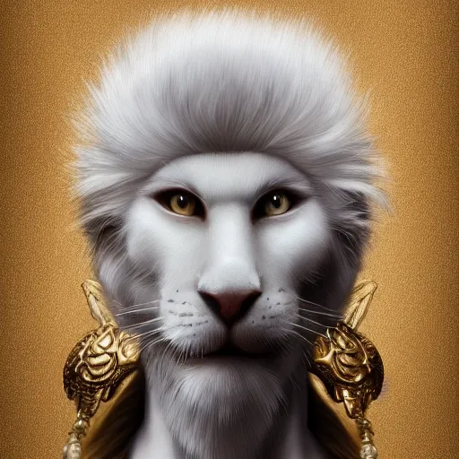 Image similar to portrait of a white human panter with a very long fur and gold jewelry, fantasy, trending on artstation, heroic pose, illustration, highly detailed, simple, 8k