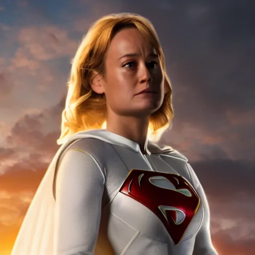 Image similar to Brie Larson as DC Comics' Power Girl, full body with white costume and cape and chest, photo, 4k