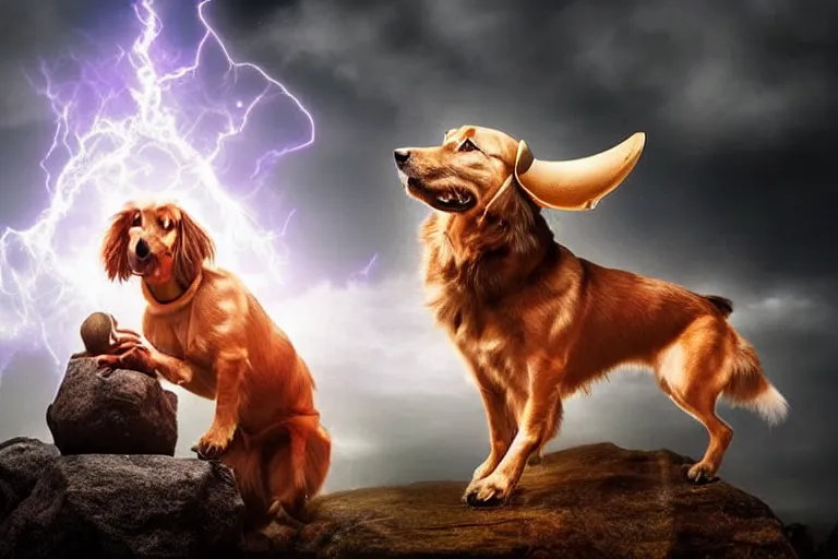 Image similar to dog wizard casting a magic spell, fantasy, majestic pose, dramatic lighting, cinematic scene