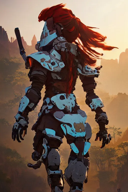 Image similar to combination suit armor aloy horizon forbidden west horizon zero dawn robot ninja mask helmet backpack tribal, aesthetic octane render, 8 k hd resolution, by ilya kuvshinov and cushart krentz and gilleard james radiating a glowing aura cgi rtx 2 0 2 2