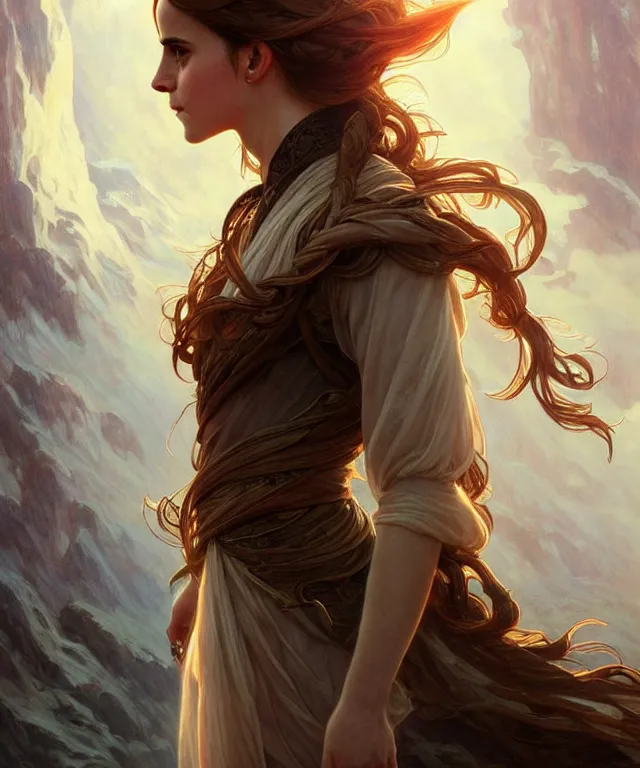 Image similar to Emma Watson as a nature prophet, sci-fi, amber eyes, face, long hair, fantasy, intricate, elegant, highly detailed, digital painting, artstation, concept art, smooth, sharp focus, illustration, art by artgerm and greg rutkowski and alphonse mucha