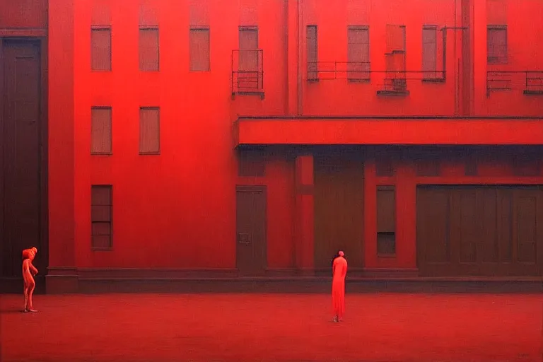 Image similar to only with red, crowd cheering at the sight of a painting, in a city square, in the style of beksinski, parts by edward hopper, parts by rodcenko, parts by yue minjun, intricate and epic composition, red by caravaggio, insanely quality, highly detailed, masterpiece, red light, artstation, 4 k