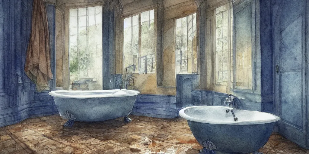 Prompt: a hiper intricate watercolor of a beatiful bathroom, extremely detailed, sharp focus, wide view, smooth, digital illustration, colorfull, by william turner art, by greg rutowski