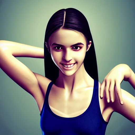 Prompt: hyperrealistic full figure portrait of a cute thin young girl, athletic body, six pack, abs, concentrated look, cute smile, highly detailed, detailed face and eyes, long black hair, flushed face, blue eyes,, volumetric lighting, 8 k, art photography, sport photography