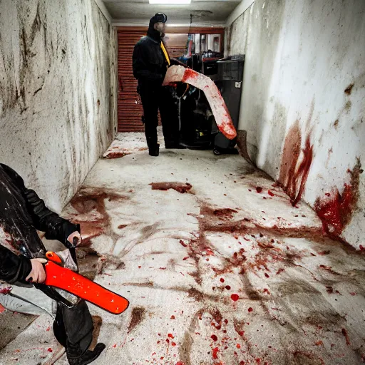 Image similar to putin with a chainsaw and a corpse. in a concrete room, looks like a bunker. focus on putins face with blood splatters. canon eos r 3, f / 1. 4, iso 8 0 0, 1 / 1 6 0 s, 8 k, raw.