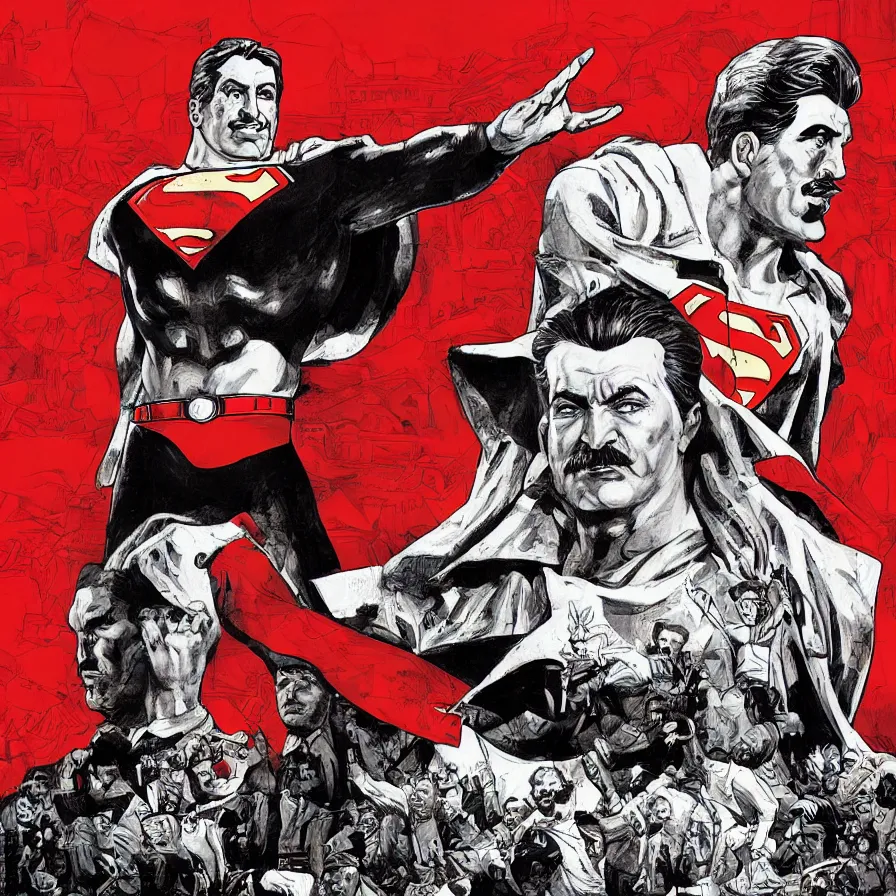 Prompt: epic comic book cover of stalin as superman floating over the red square ( moscow ), posing, waving, ostalgie, socialist realism, soviet nostalgia, sovietwave, photorealistic, intricate digital art, trending artstation, artgem, rich moody colors, fan art, concept art, in the style of the red son, by cory walker and ryan ottley