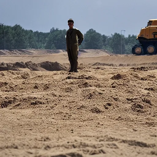 Image similar to in the distance, in the center of a large sandy quarry, a large golden ball lies in the sand, a broken excavator and a man in military uniform standing nearby, stylization is a grainy photo, high quality, depth of sharpness, emphasis and focus on the golden ball