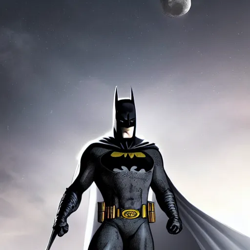 Image similar to A realistic full portrait photo with an extreme mix of DC\'s Moon Knight and Batman, hyper-realistic, 8K HDR, full moon.