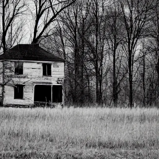 Prompt: an abandonded house near dekalb, illinois. grainy black and white photography