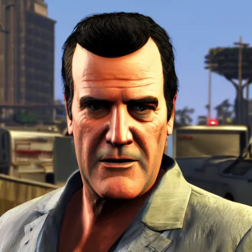 Image similar to a screenshot of bruce campbell in gta 5. 3 d rendering. unreal engine. amazing likeness. very detailed. cartoon caricature