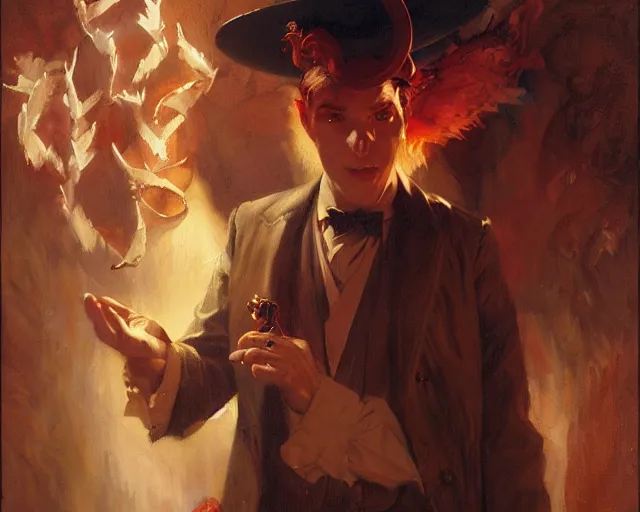 Image similar to attractive magician man, casting dark magic, summoning handsome devil. highly detailed painting by gaston bussiere, craig mullins, j. c. leyendecker 8 k