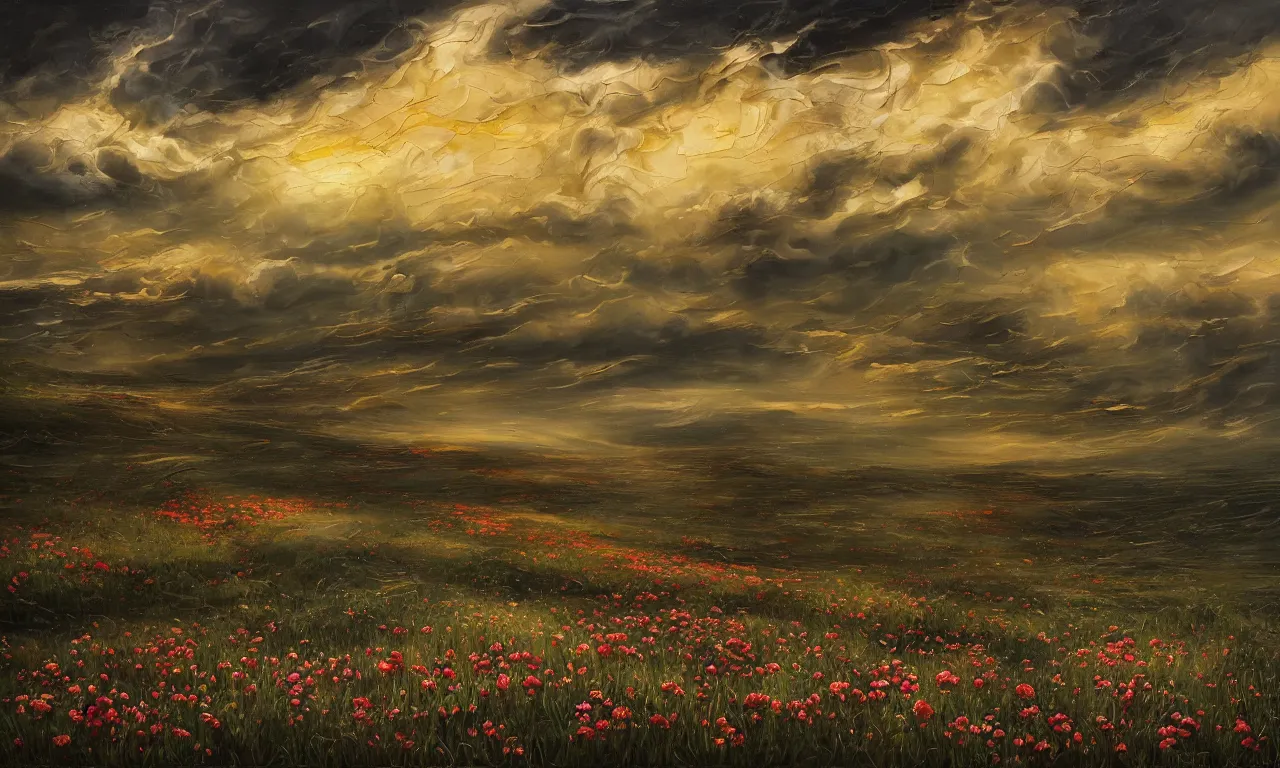 Image similar to breathtaking oil painting with palette knife of a plains landscape in luxurious nature, with intricate art nouveau moody dark tumultuous clouds, at dawn with roses and golden petals flying, grim reaper silhouette with scythe, concept art, matte, by krista schumacher and georgia hart,
