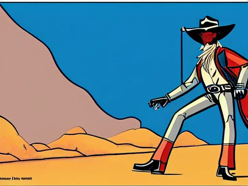 Image similar to an illustration of the Lone Ranger in the wild west town. flat colors, limited palette in FANTASTIC PLANET La planète sauvage animation by René Laloux