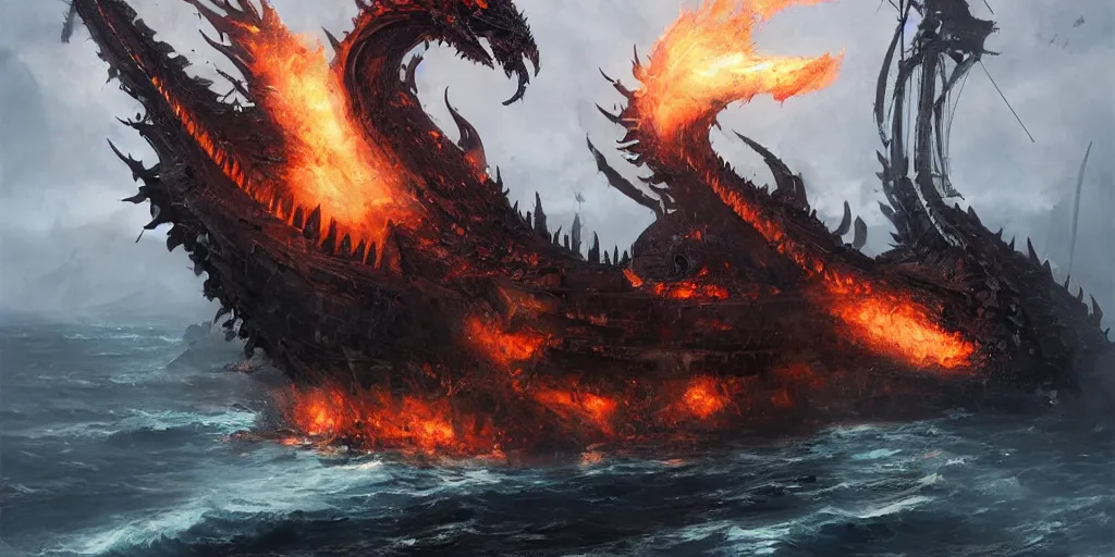 Prompt: A vicious black dragon breathes flames on a Spanish Galleon concept art by Greg Rutkowski,