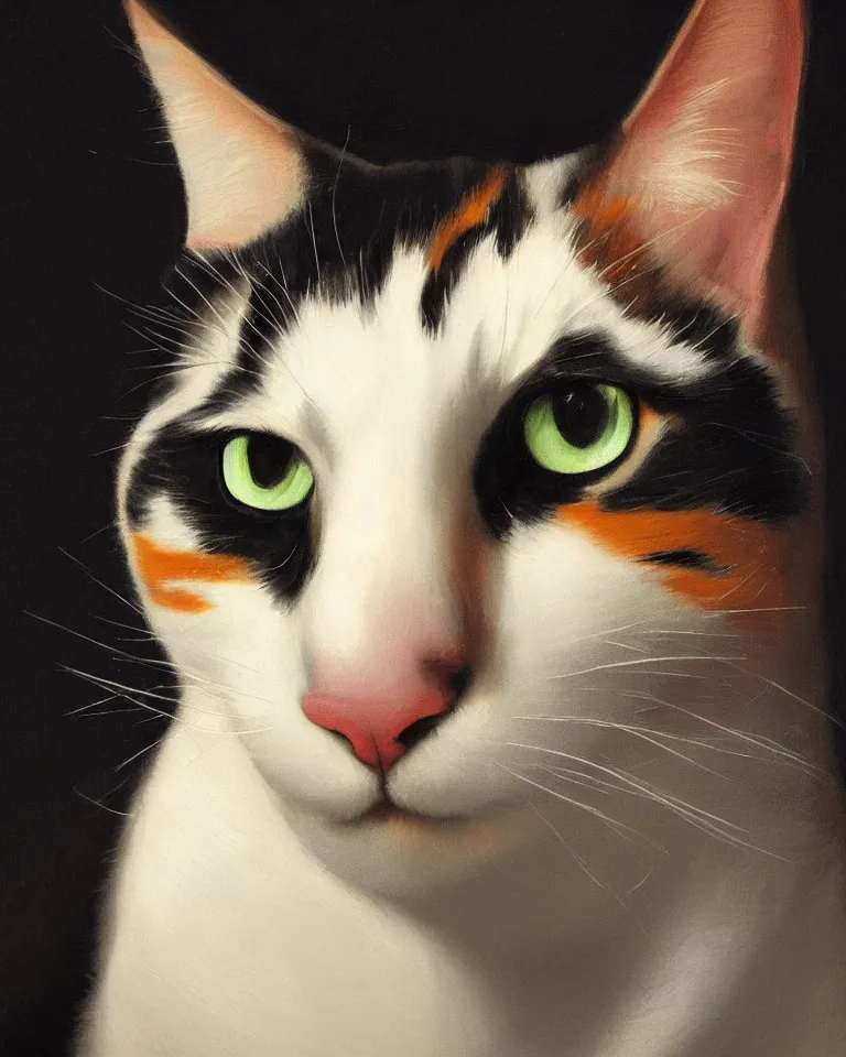 Image similar to close up portrait of one calico cat by vermeer. black background, three - point lighting, enchanting, realistic features, realistic proportions, centered, trending on artstation.