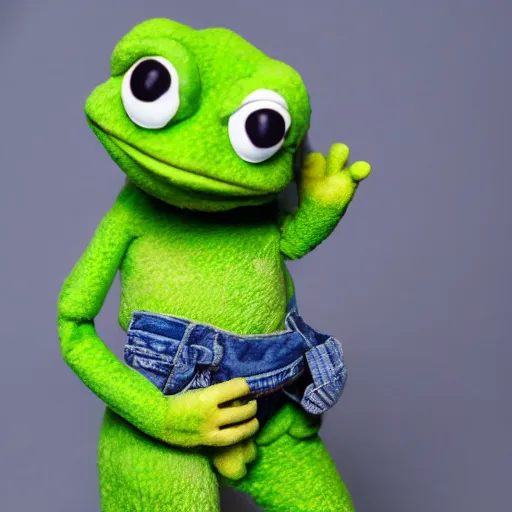 Prompt: pepe the frog as a muppet, product photography, commercial lighting