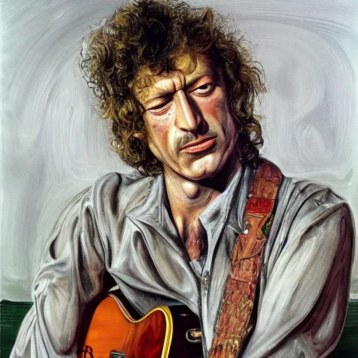 Image similar to high quality high detail painting by lucian freud, hd, jimi page from led zeppelin portrait