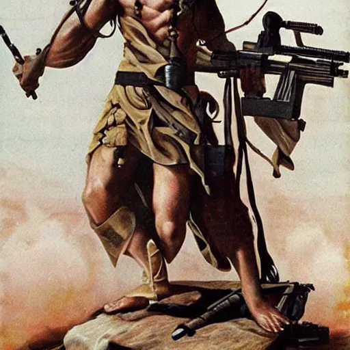 Prompt: jesus rambo with heavy machinegun