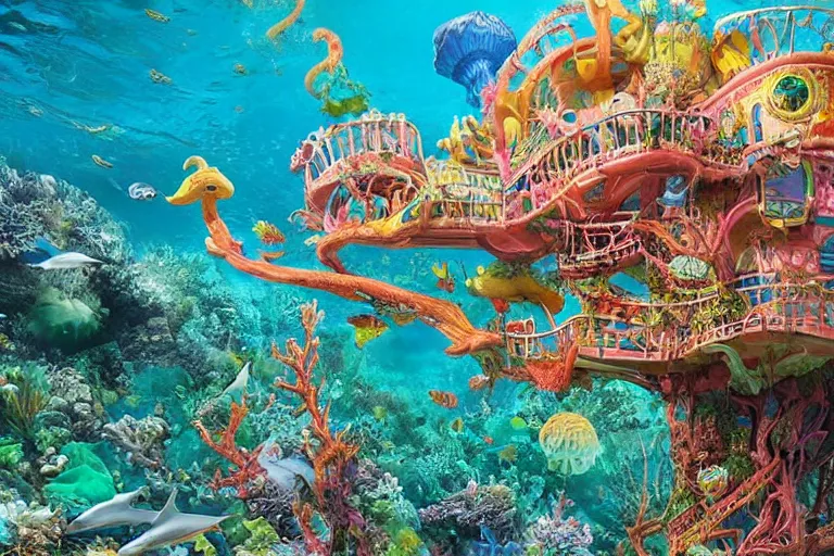 Prompt: an elaborate whimsical treehouse built under the sea, surrounded by colorful coral and dolphins, hyperdetailed photograph