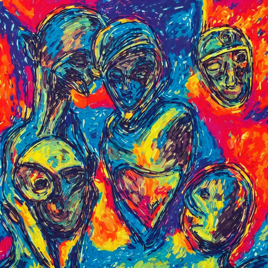 Image similar to an alien king and an astronaut talking face to face, overdetailed art, colorful, record jacket design