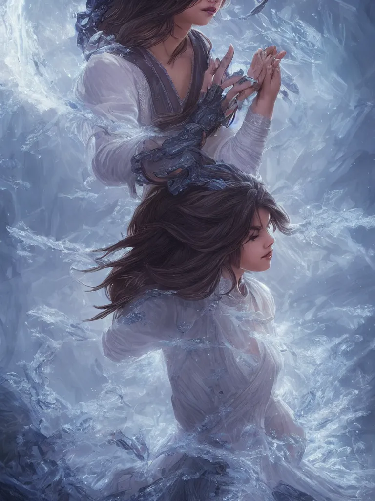 Image similar to Selena Gomez casting an frost spell, D&D, fantasy, intricate, elegant, highly detailed, digital painting, artstation, concept art, matte, sharp focus, illustration, hearthstone, art by Artgerm and Greg Rutkowski and Alphonse Mucha