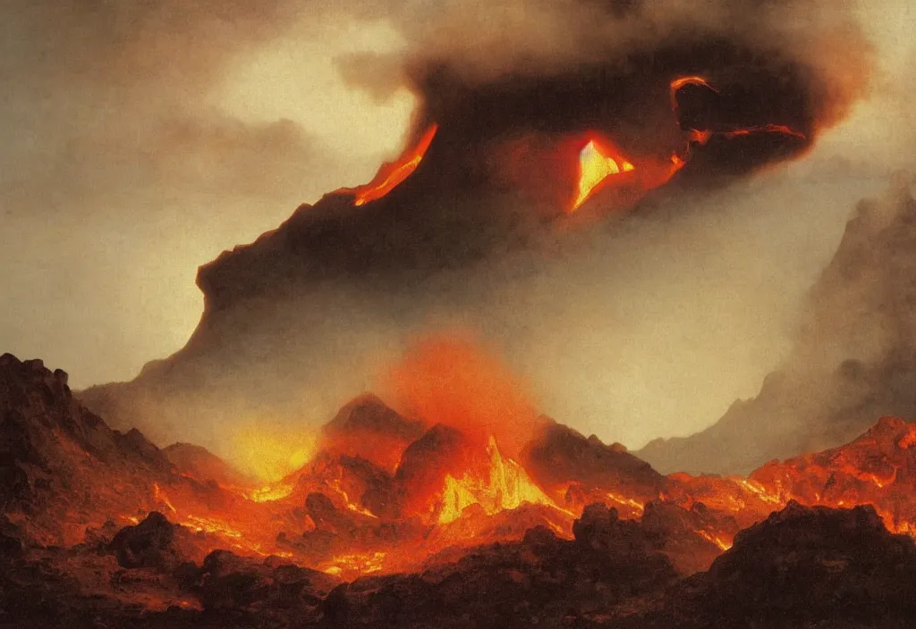 Image similar to a beautiful painting of a volcano oozing lava, pyroclastic clouds forming by albert bierstadt, high resolution, excellent contrast, morning