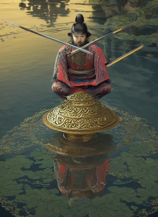 Prompt: intricately detailed, samurai meditating by a serene reflection pool, feudal japan, intense, vivid complementary colors, beautiful linework, octane render, professional concept art by rutkowski, mohrbacher, jonathan hickman, ghibli, alphonse mucha, ross tran, rutkowski, grenier, octane render, marvel, dc, dnd, cinematic, golden ratio