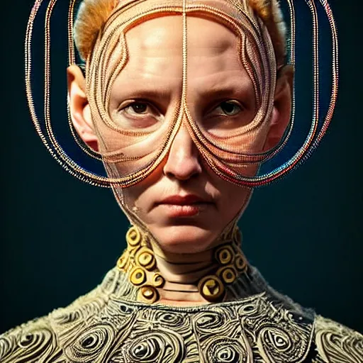 Image similar to Colour Caravaggio and Dune by denis villeneuve style Photography of Highly detailed beautiful Woman with 1000 years detailed face and wearing detailed Ukrainian folk costume designed by Taras Shevchenko also wearing highly detailed retrofuturistic sci-fi Neural interface designed by Josan Gonzalez. Many details In style of Josan Gonzalez and Mike Winkelmann and andgreg rutkowski and alphonse muchaand and Caspar David Friedrich and Stephen Hickman and James Gurney and Hiromasa Ogura. Rendered in Blender and Octane Render volumetric natural light