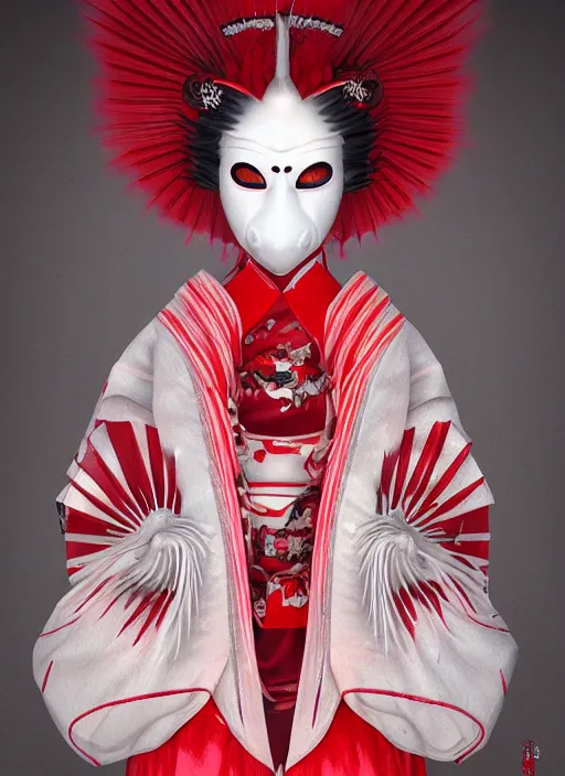 Prompt: albino maiko with a kitsune mask, fluent composition, red and white neon, concept art, ambient light, 4 k, intricate details, highly professionally detailed, cgsociety, highly detailed -