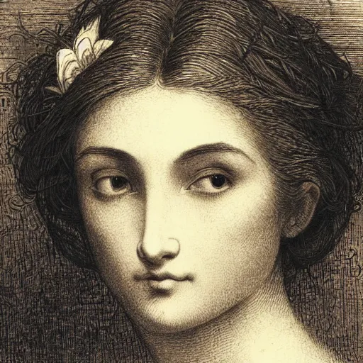 Image similar to extreme close-up, portrait of a beautiful french woman with flower in head, Gustave Dore lithography