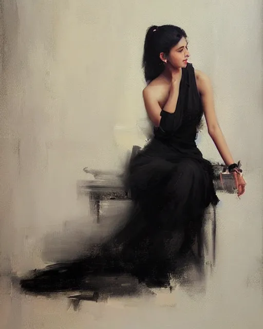 Image similar to beautiful portrait painting an gorgeous delhi girl wearing a little black dress, oil painting, art by ruan jia