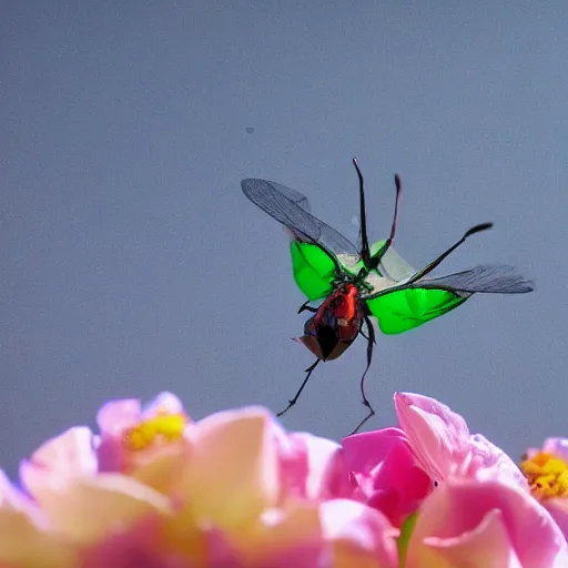 Image similar to rose chafer with quadcopter drone wings creating turbulence above rose flowers black background