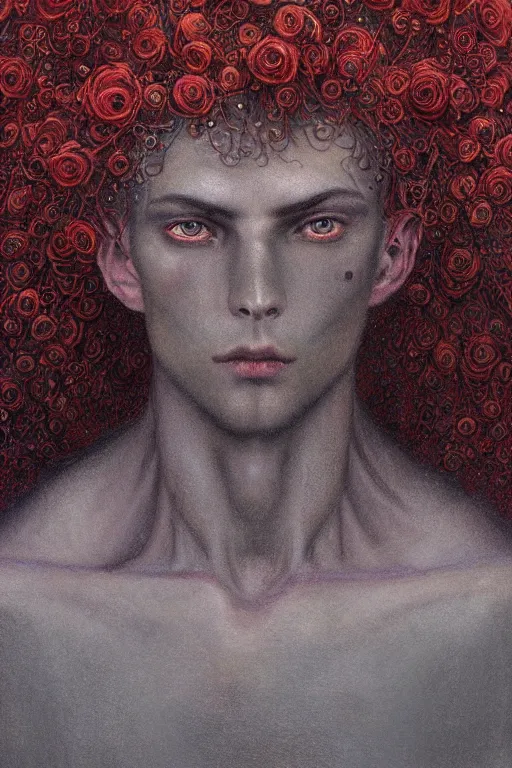 Image similar to portrait of beautiful gothic young man, thunderstorm, cyber armor, a lot of scars, more and more flowers, red head, the middle ages, highly detailed, artstation, illustration, art by jean delville, 8 k quality, art by greg gandy