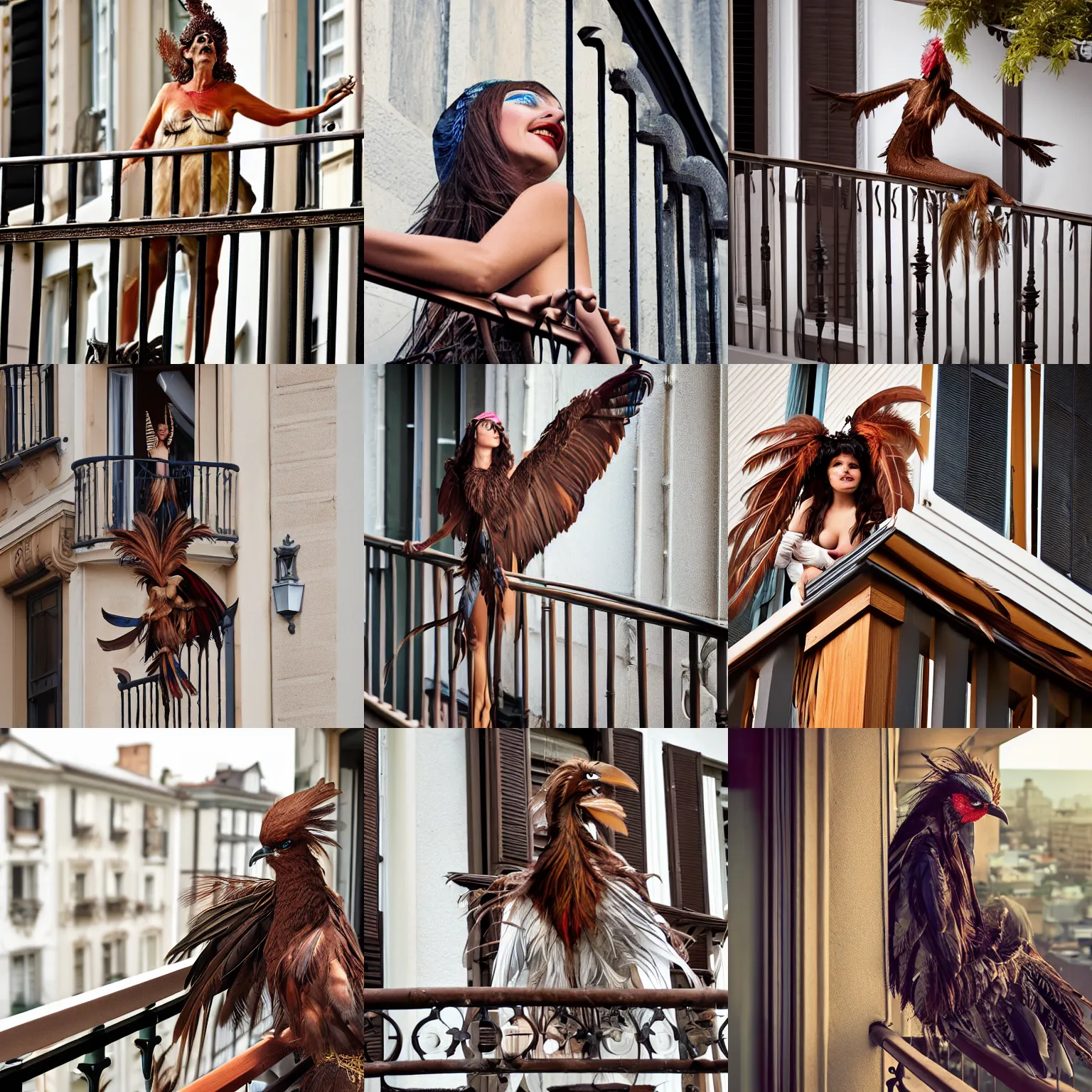 Prompt: harpie lady with brown feathers, on a balcony, photo, 8K