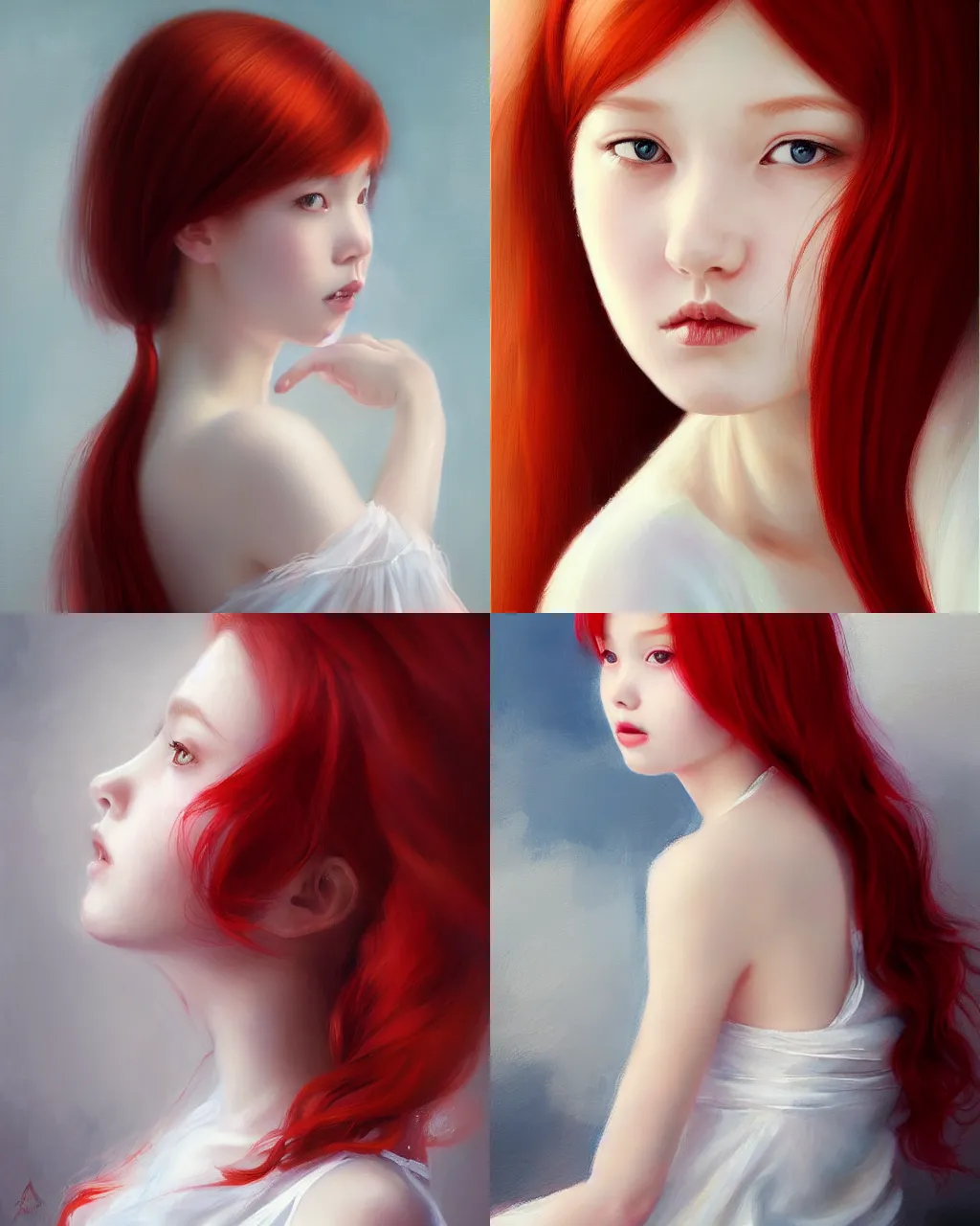 Image similar to girl with red hair and white dress, a beautiful portrait, soft painting, by stanley artgerm lau, wlop, rossdraws, lerapi, and sakimichan