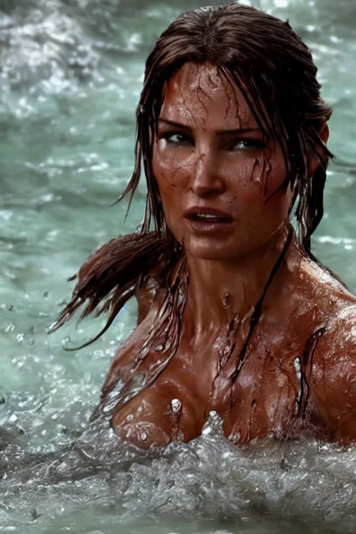 Image similar to a film still of lara croft, close up face detail, muscular, drenched body, photography, wet dripping hair, emerging from the water